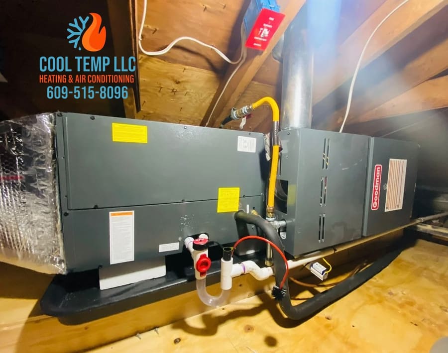Goodman furnace and air handler installation in a New Jersey attic by Cool Temp Heating & Air Conditioning LLC.