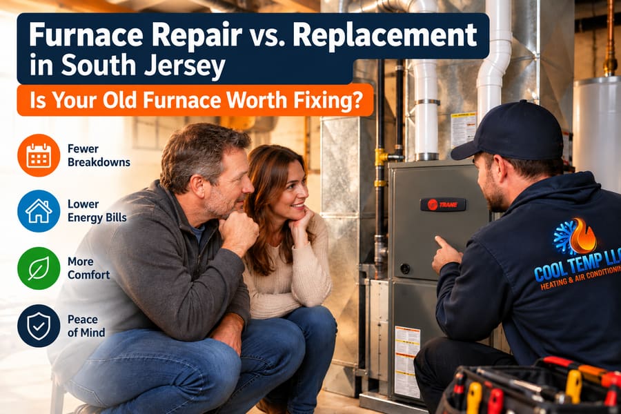 HVAC technician discussing furnace repair vs. replacement with homeowners in South Jersey